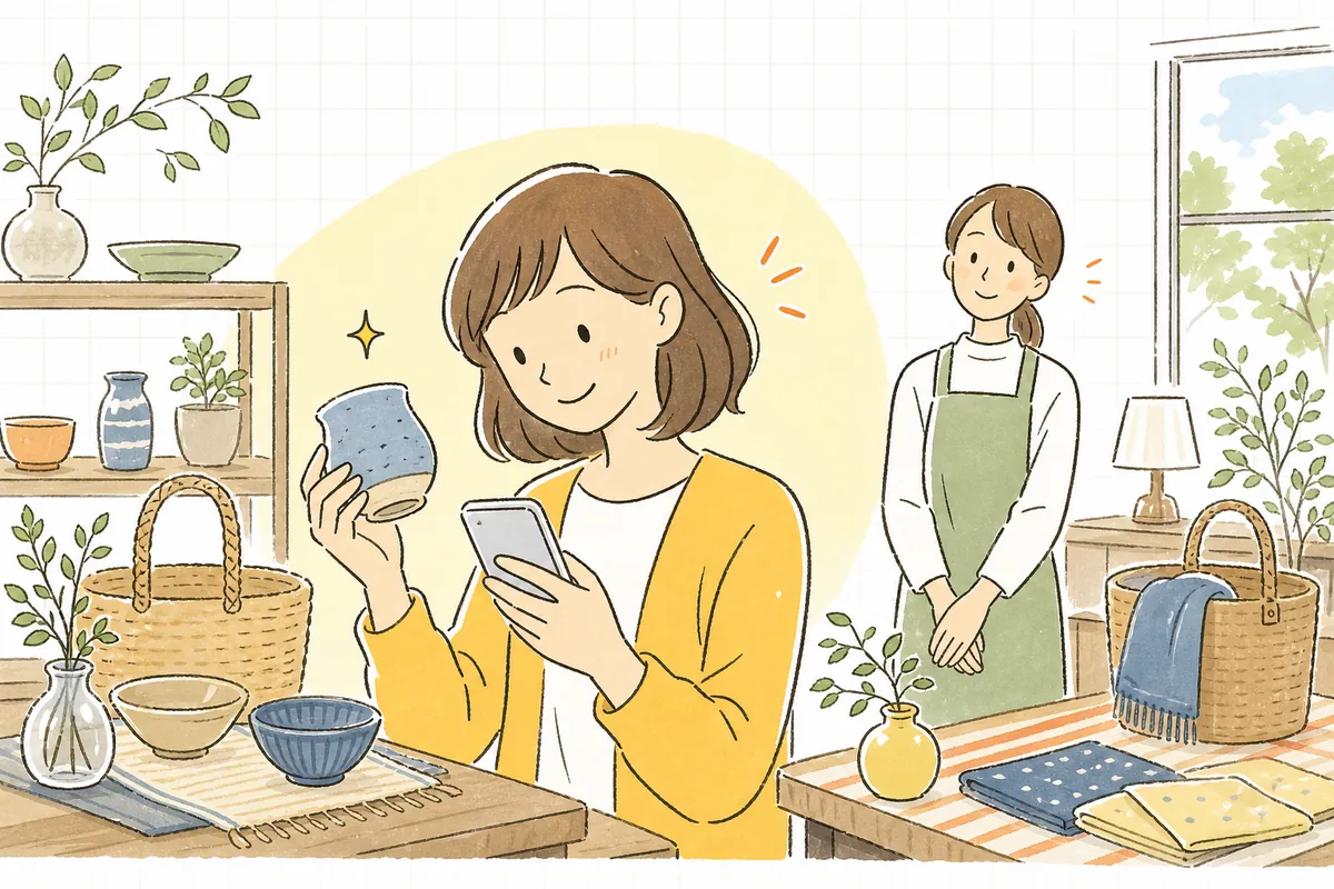 商品を全方向から確かめられた安心感とともに、お客さんが納得の笑顔でスマートフォンから注文を決め、それを見守る担当者も手ごたえを感じている明るい情景
