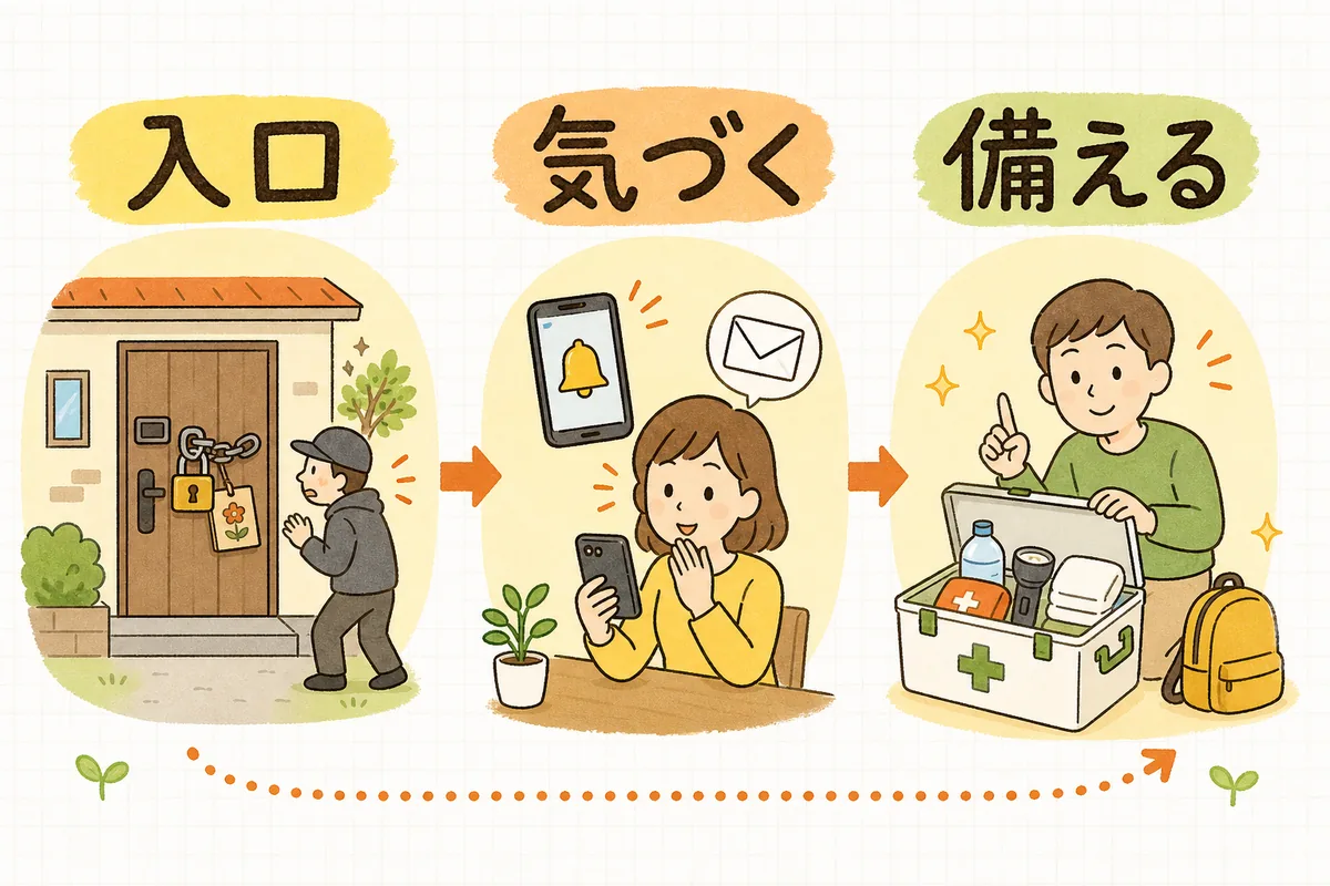 アカウント乗っ取り対策を、入口を固める・気づける形にする・万一に備える、の3つの層で示した図