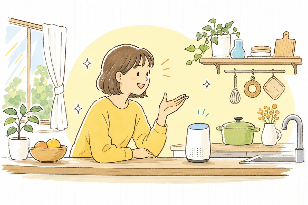 スマートフォンにやさしく話しかけて買い物をお願いする人と、その言葉を受けて商品を見比べているAIアシスタントの気配を、あたたかく象徴した情景