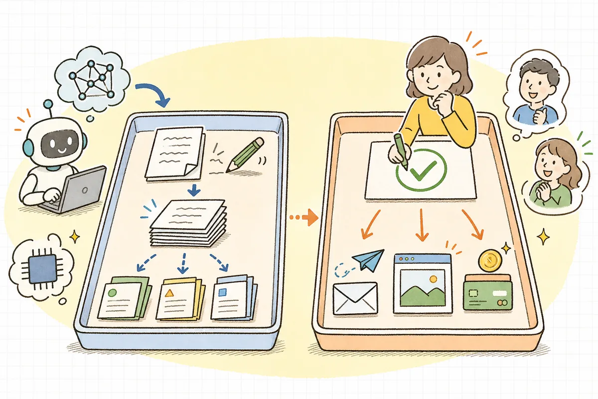 作業を「AIに下書きさせてよい仕事」と「人が必ず最終確認する仕事」の2つに仕分ける概念図