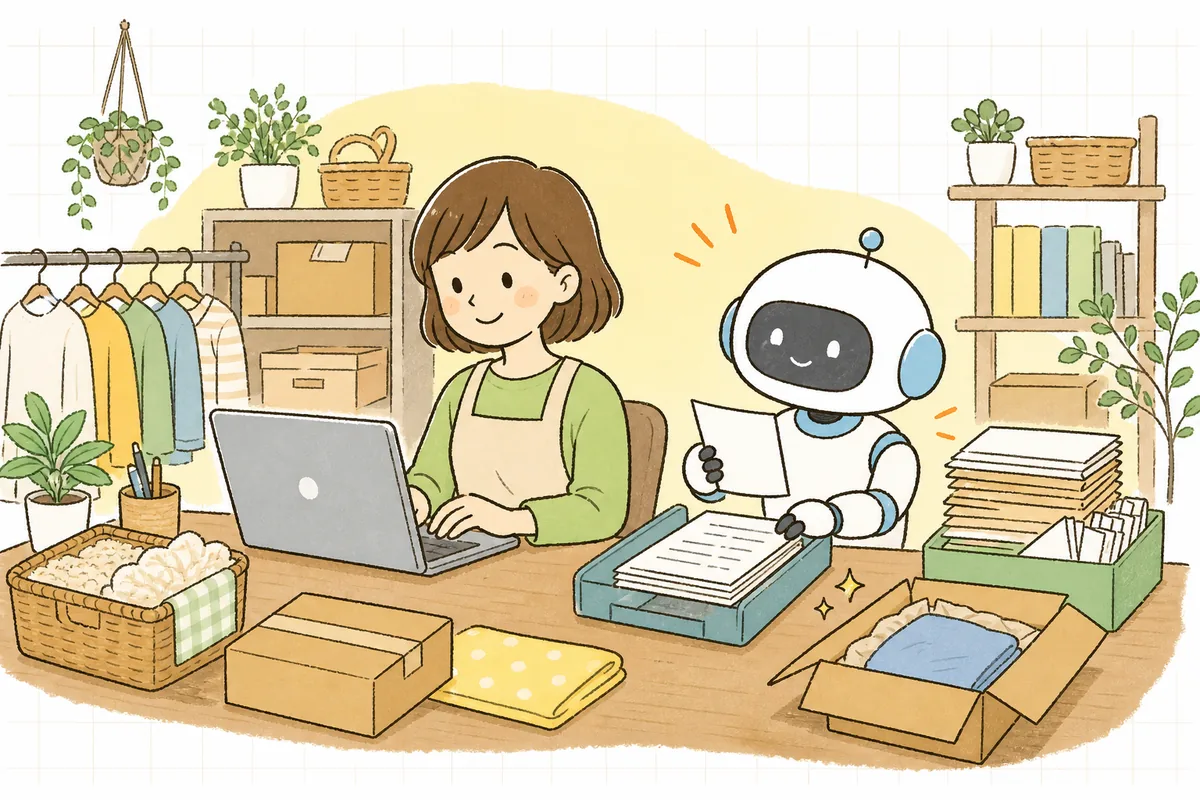 ひとりのEC担当者の隣で、頼れる相棒のようなロボットが定型作業を引き受けて並んで働いている情景