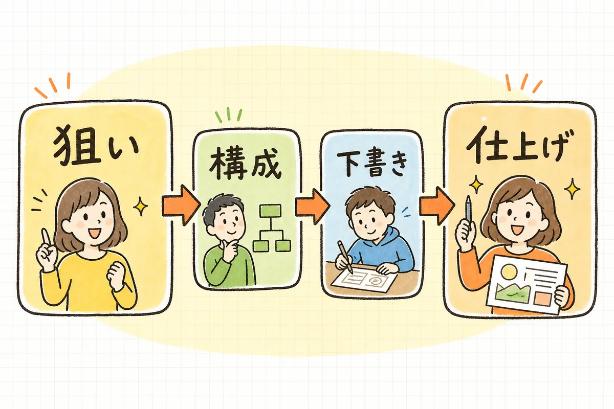 記事づくりを「狙う言葉→構成→下書き→仕上げ」の4段に分け、前半は人、中間はAI、最後は人が担う流れを示した図