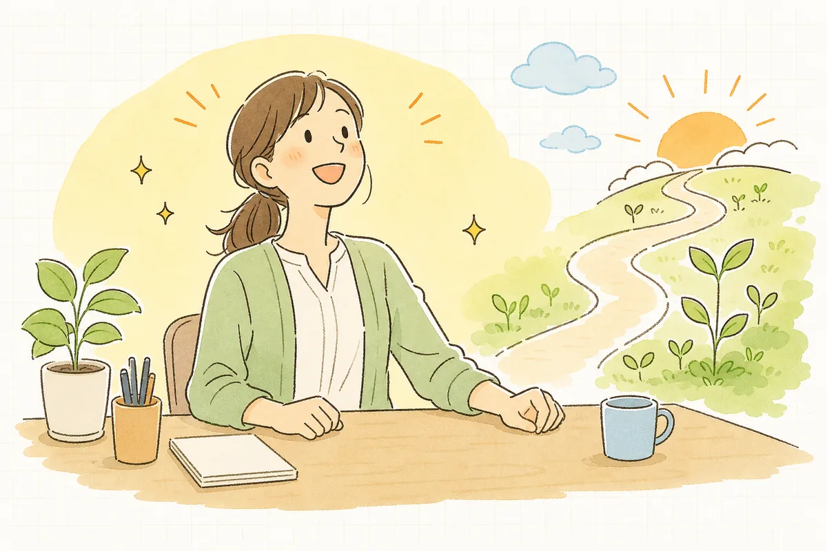 問い合わせの山が整い、余裕を取り戻して前向きに次の仕事へ向かうEC担当者の明るい情景