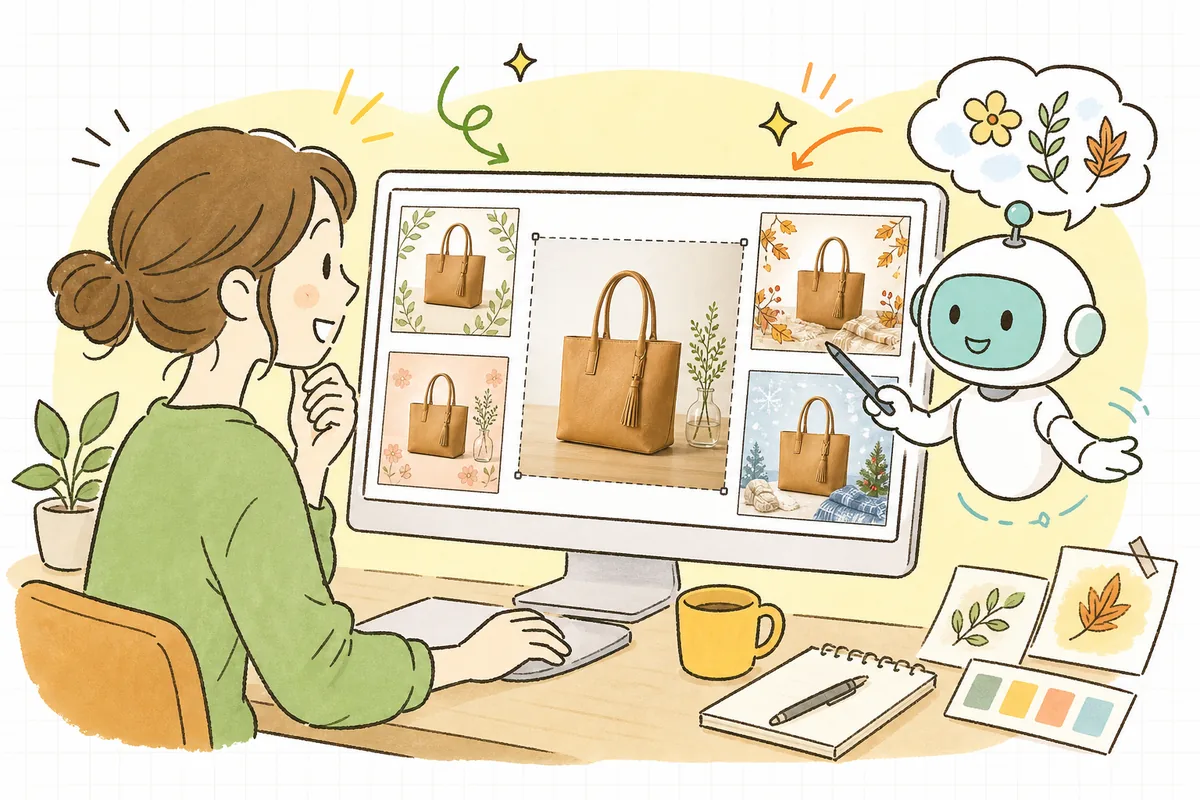 AIと協力してセール用バナーの背景や装飾を作るEC担当者の情景
