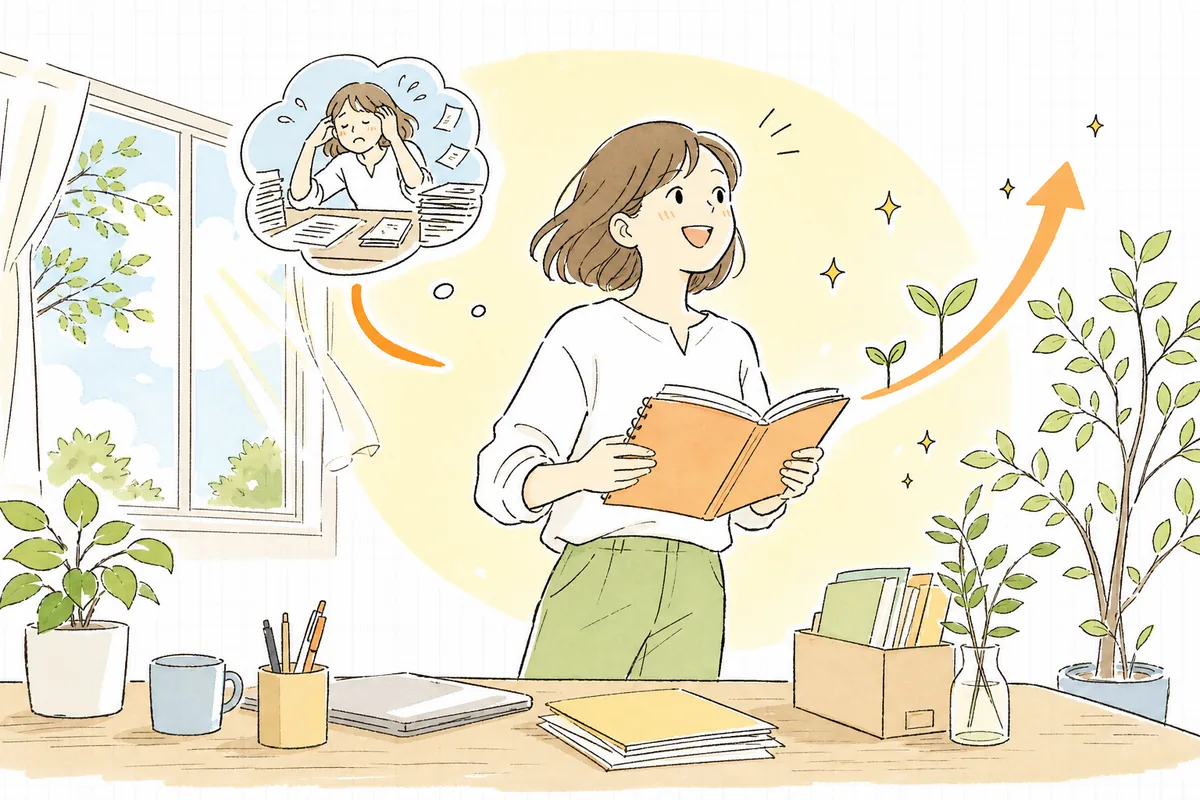 バナー作りの負担が減り、明るい気持ちで次の企画に向かうEC担当者の情景