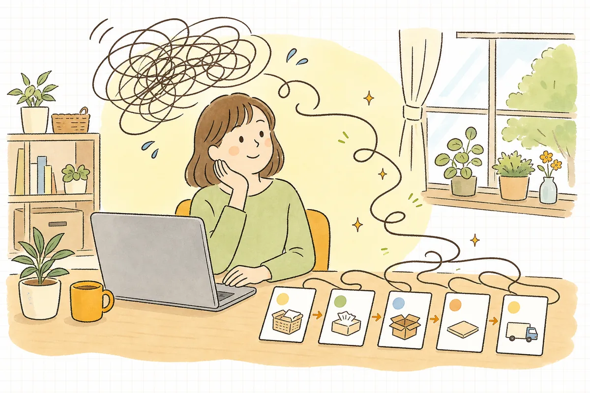 頭の中にたまった作業手順を、AIの助けを借りて一枚ずつの手順書カードにほどいていくEC担当者