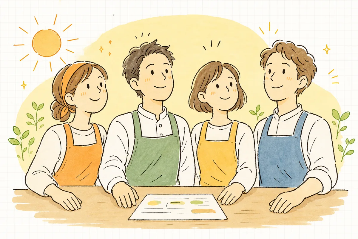 生成AIの使い方の線引きが決まり、安心して前向きに業務へ向かうお店のスタッフたち