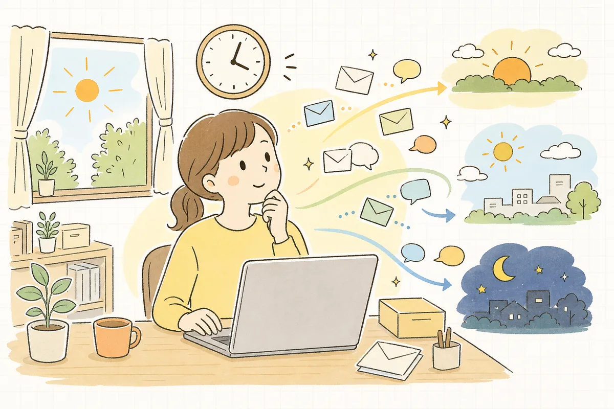 時計を横目に見ながら、お客さんに届けるメッセージをいつ送ろうかと穏やかに考えているEC担当者