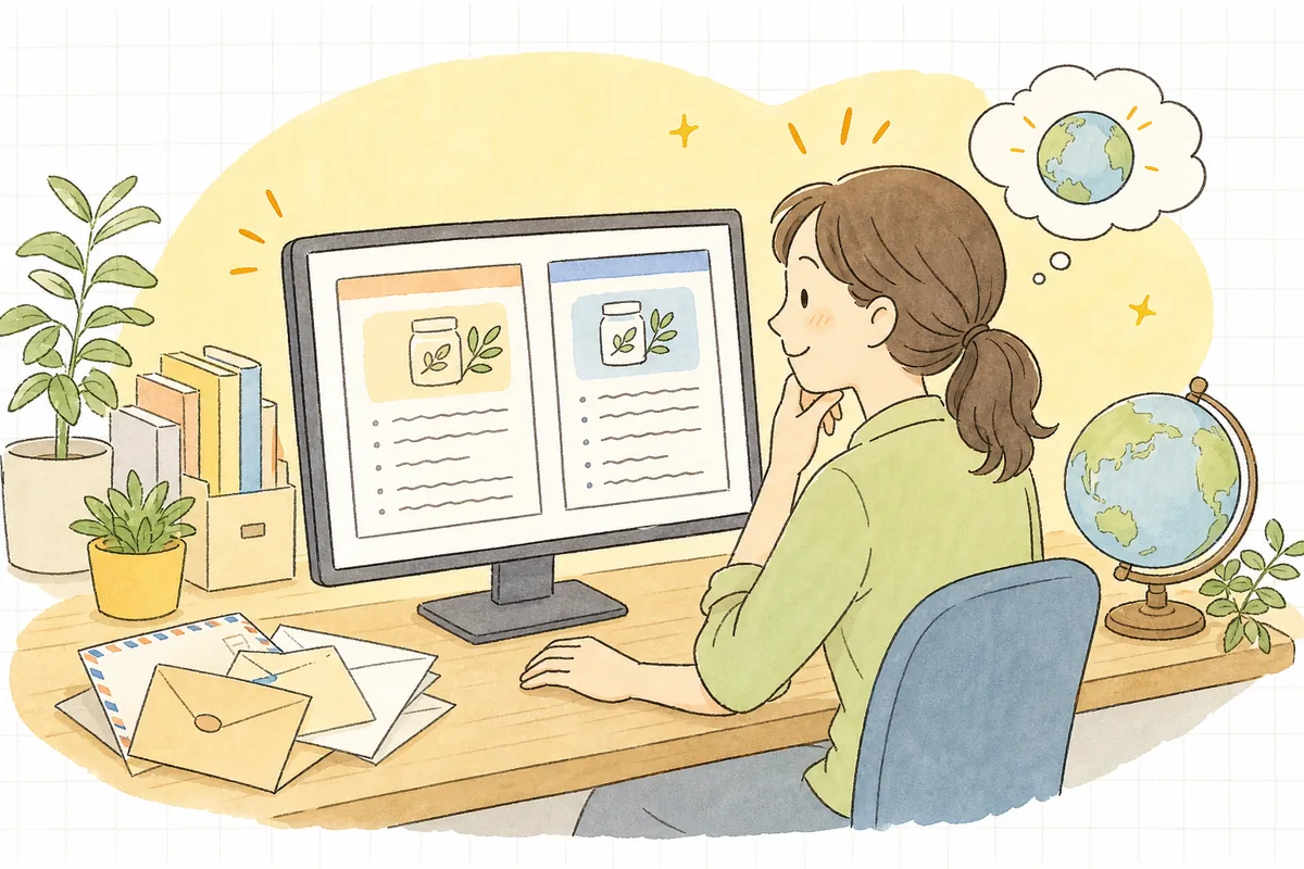海外からの英語の問い合わせメールを前に、翻訳された商品説明の下書きを画面で見比べながら「これなら海外にも届けられそう」と表情がやわらぐEC担当者