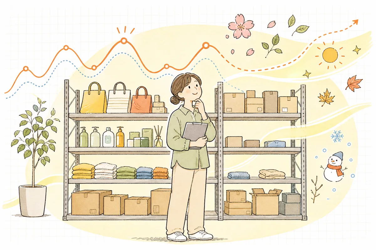 倉庫の棚を前に、過去の売れ方のグラフがやわらかく浮かび上がり、次にどれくらい仕入れるべきかを考えているEC担当者