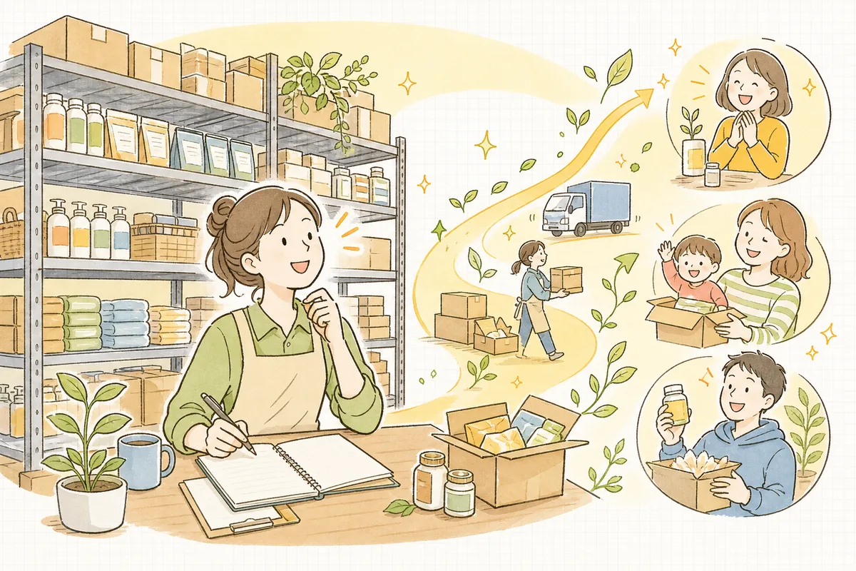 過不足のない棚を前に、見通しが立って安心した表情で次の仕入れに取りかかるEC担当者の前向きな情景