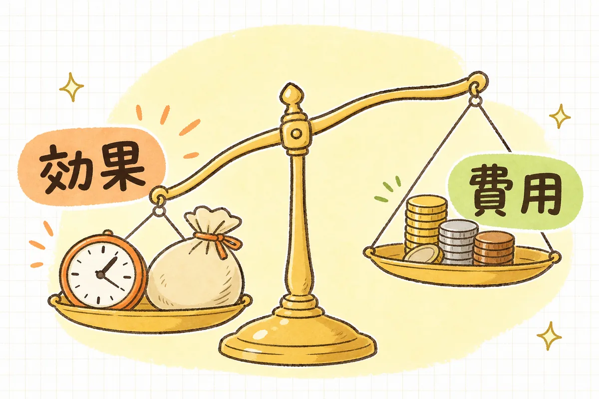 AIの費用対効果を「効果」と「費用」を天びんで比べる3ステップの図