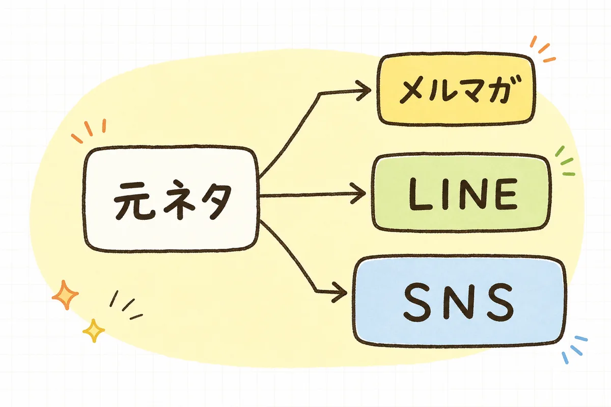 1つの元ネタを、メルマガ・LINE・SNSの3つの出口に合わせて作り変える流れを示した図