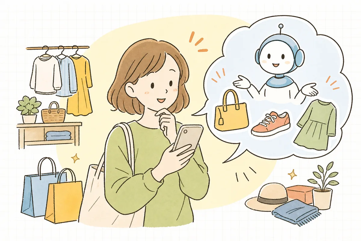 スマホで対話型AIに「おすすめは？」と相談する買い物客と、その答えとして商品が並ぶ様子