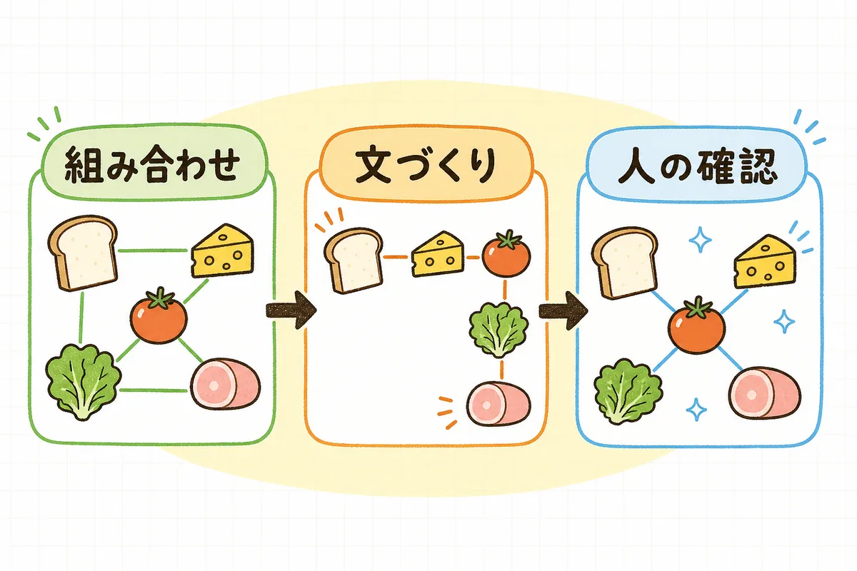 組み合わせ抽出・おすすめ文の作成・人の確認の3ステップでAIレコメンドを進める流れの図