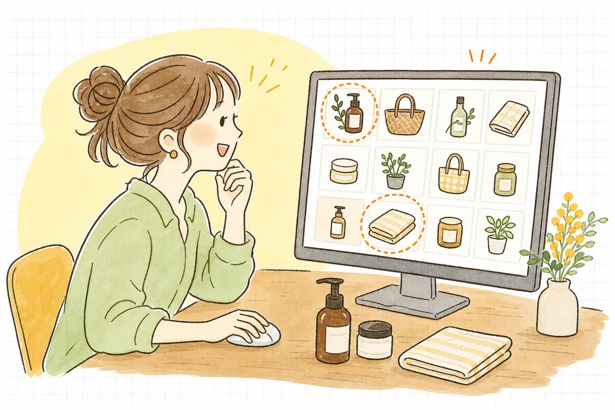 パソコン画面に並ぶ商品の中から「これと一緒に買うと良い組み合わせ」を見つけて微笑むECショップ担当者