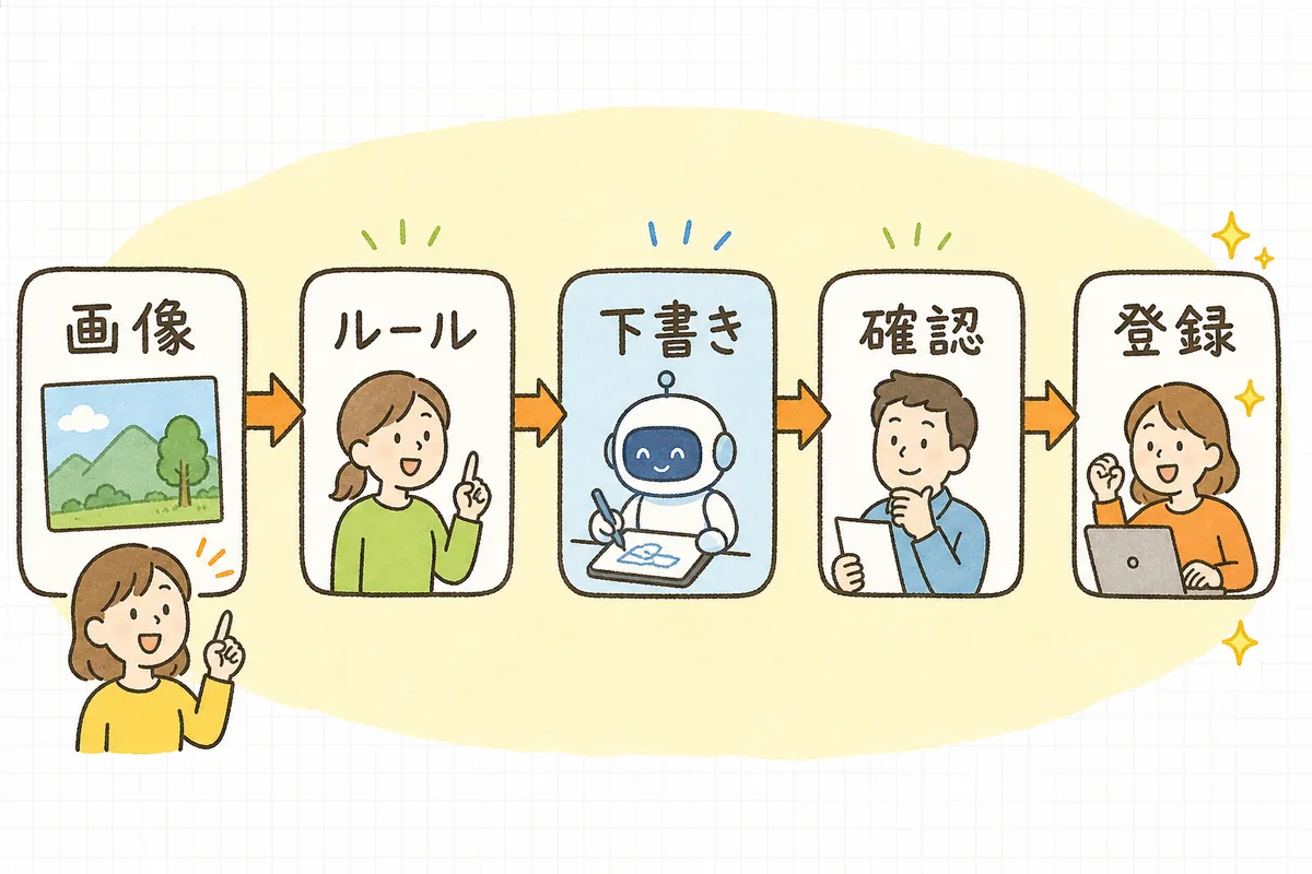 商品画像と商品情報から、AIの下書きを経て、人が確認してaltを登録するまでの流れを示した図