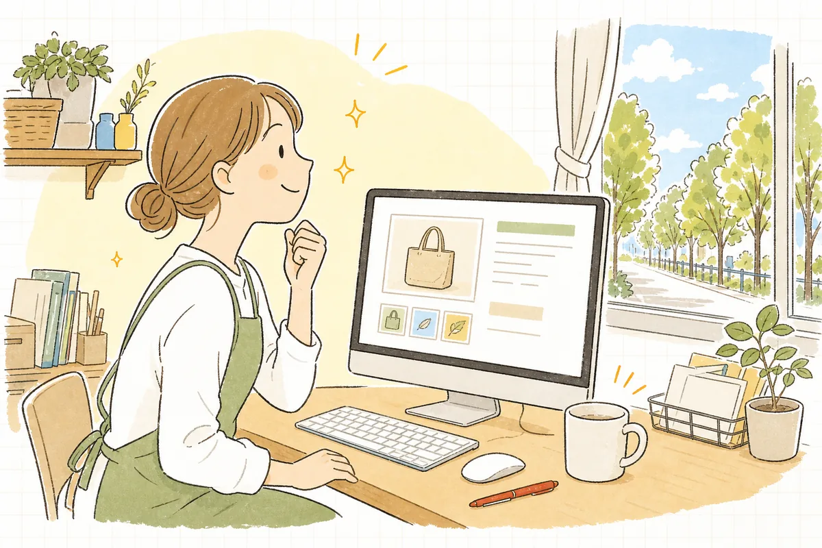校正を終えてきれいに整った商品ページを、安心した表情で公開しようとしているEC担当者の明るい情景