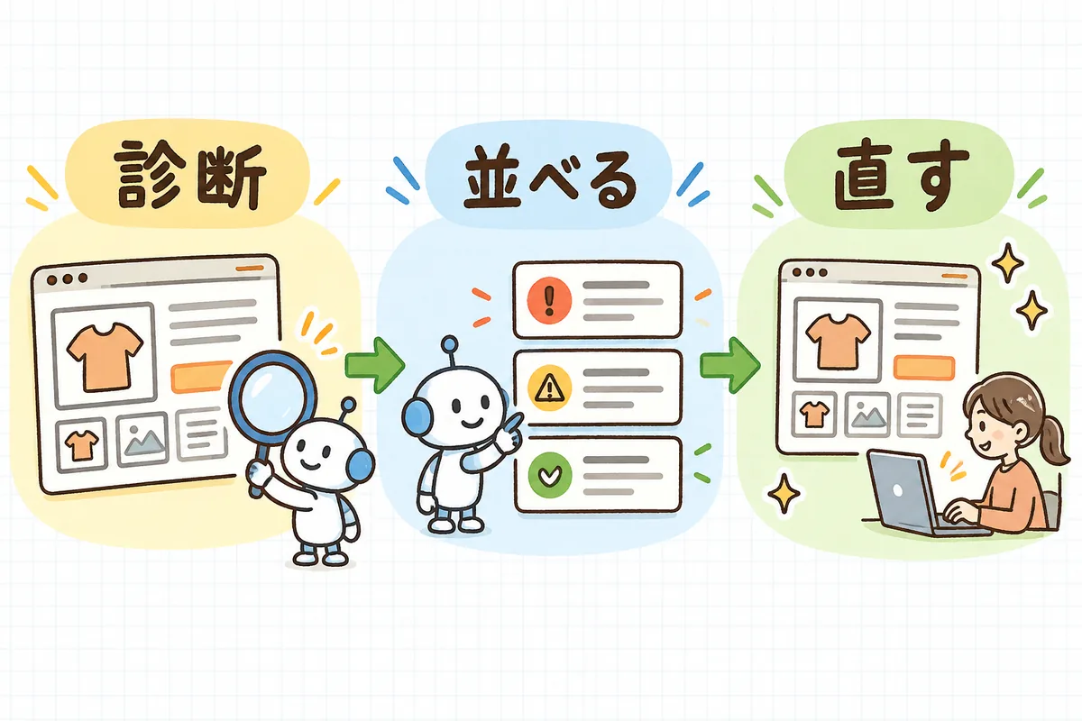商品ページをAIが観点ごとに点検して気になる点を洗い出し、人が効きそうな順に並べ替えて直していく流れを示した図