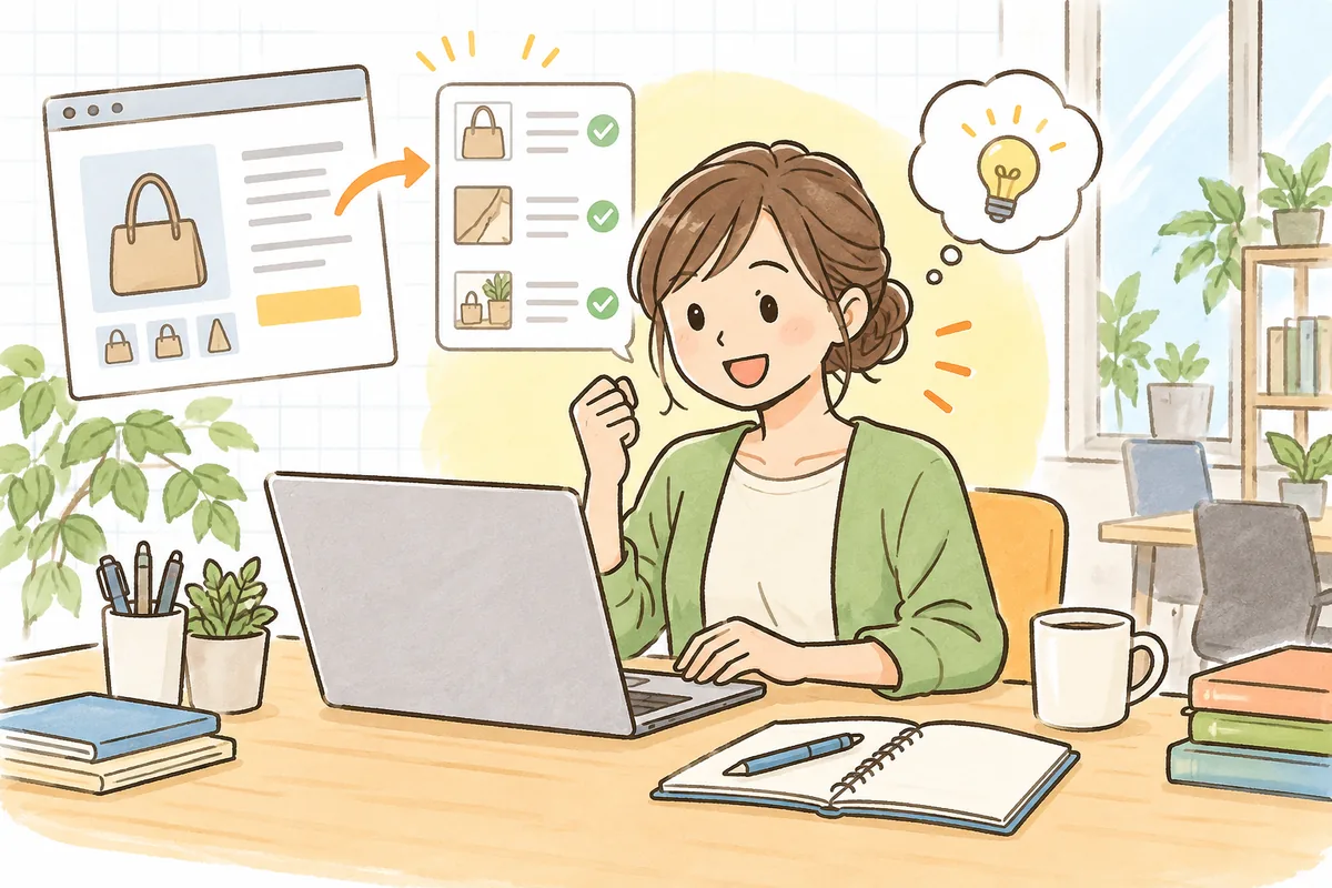 商品ページの直す場所がはっきりし、すっきりした表情で次の改善に向かうEC担当者の明るい情景