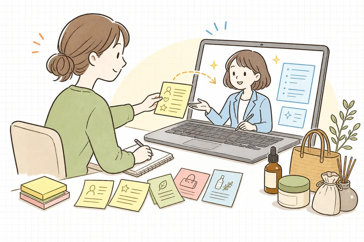 商品の素材メモを手に、AIと協力して商品説明を仕上げるEC担当者の情景