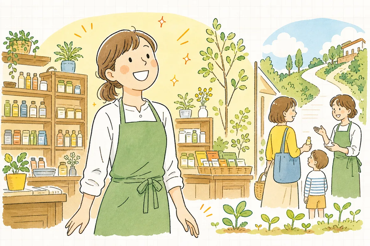 整った商品棚のように分類が片づき、探されやすい店づくりを前向きに続けられて明るい表情の担当者