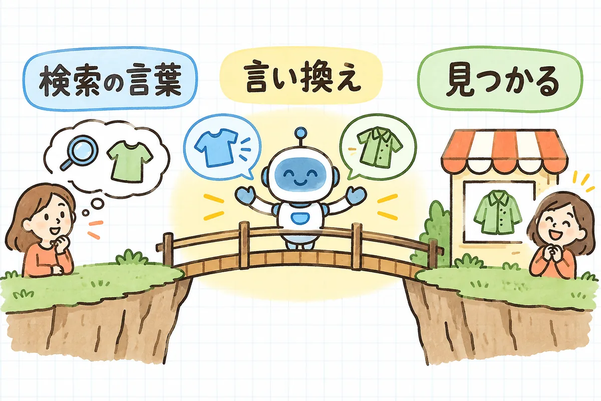 お客様が打つ検索の言葉と、お店が登録した商品の言葉の間にあるズレを、AIが同義語や言い換えでつなぎ、商品が見つかるようになる流れを示した図