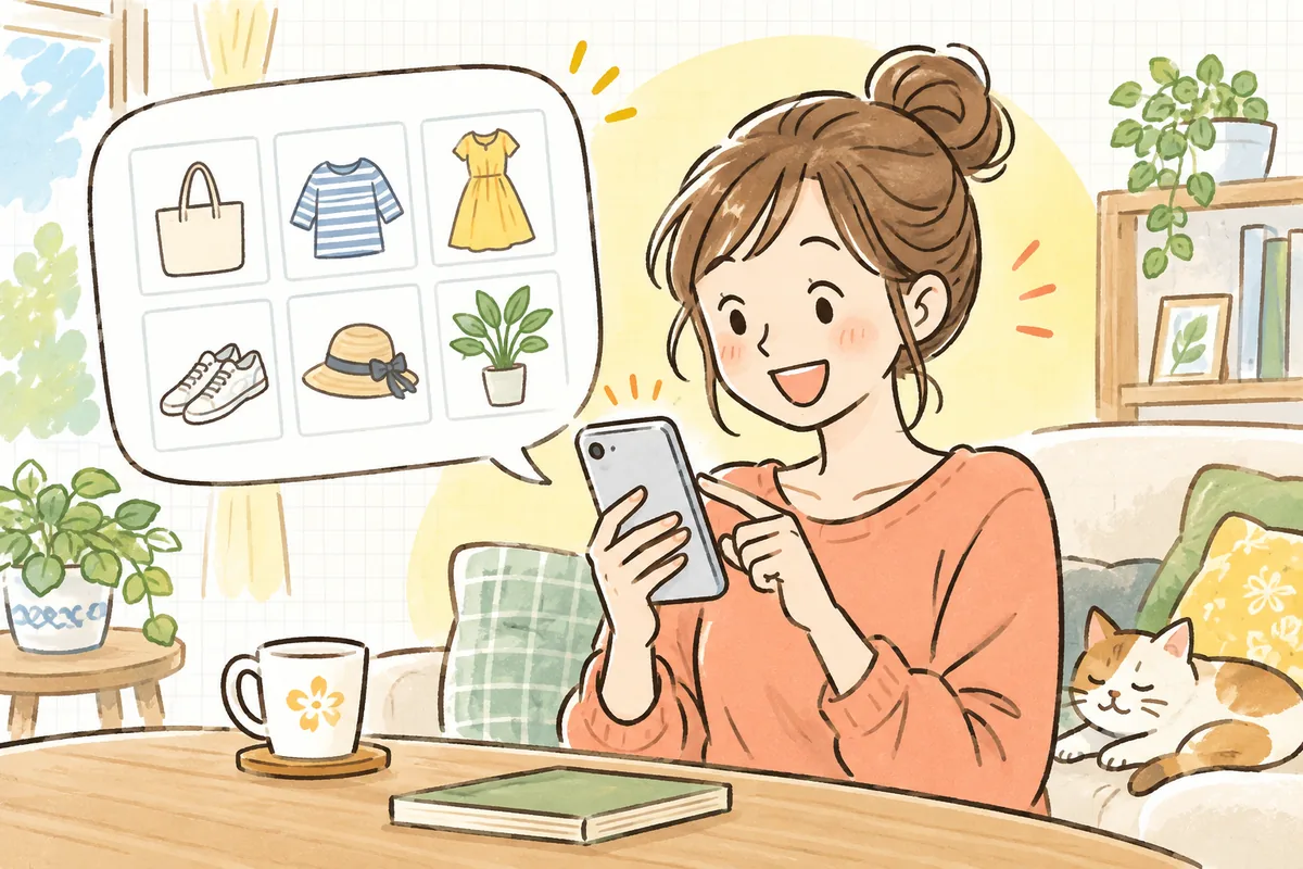 ネットショップの検索窓に言葉を打つと、探していた商品がすっと並んで見つかり、安心した明るい表情になったお客様の情景