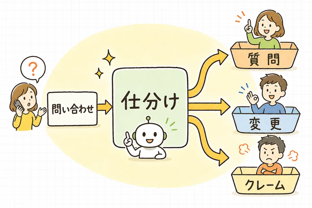 届いた問い合わせを、種類ごとに仕分けて対応の流れに振り分ける様子を示した図
