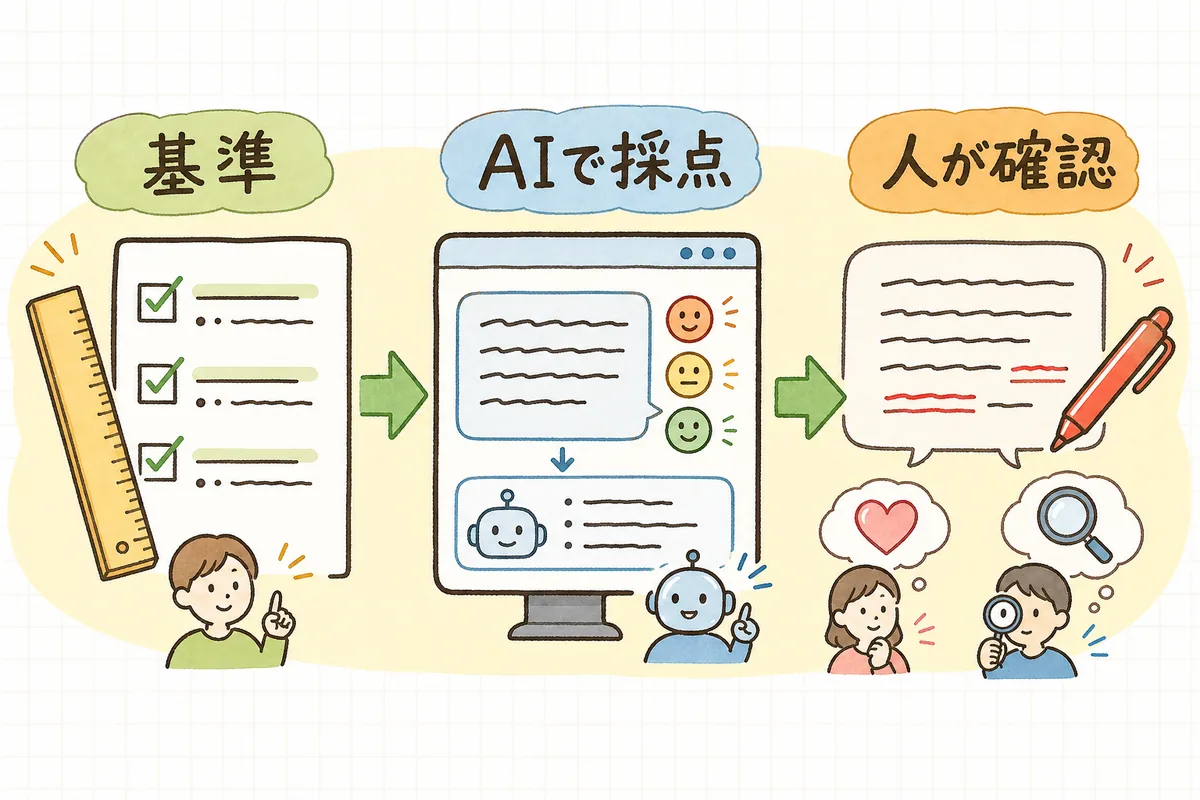 「応対基準を決める」「AIで採点・改善案を出す」「人が気持ちと事実を確認する」の3ステップで問い合わせ応対をチェックする流れの図