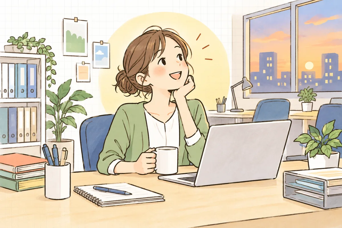 報告づくりが早く終わり、浮いた時間で明日の打ち手を前向きに考え始めるECショップ担当者の、すっきりとした明るい情景