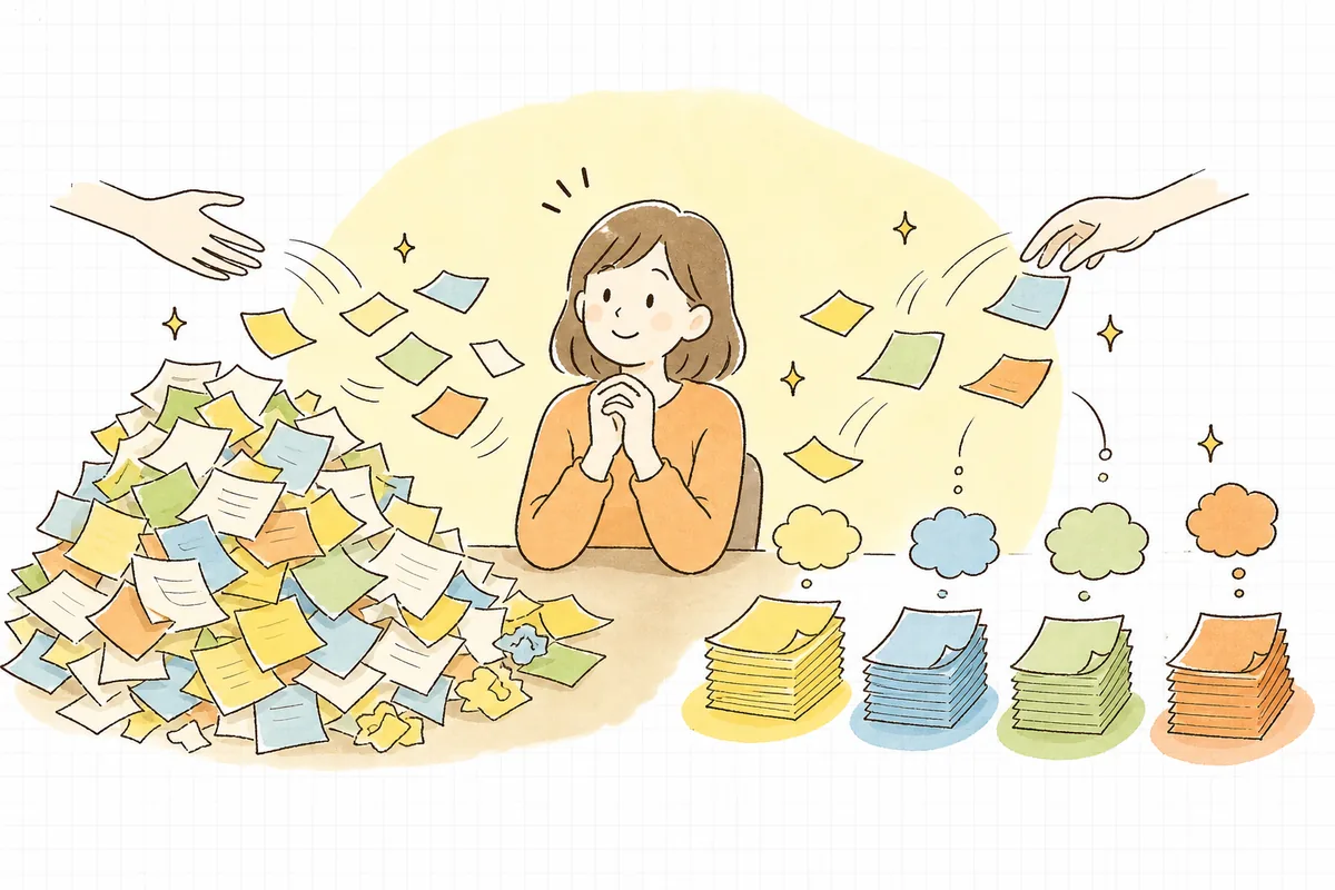 山積みのレビューや問い合わせメモを前に、AIの助けで要点が整理されてカテゴリ別に並び替わっていく様子を見つめるEC担当者