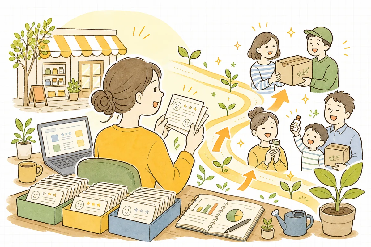 整理された声をもとに改善が進み、お客様の満足そうな笑顔とお店がつながっていく前向きな情景