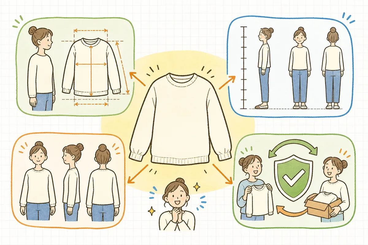 実寸表・着用者情報・比較画像・返品条件の4点でサイズ不安を解消する構成図