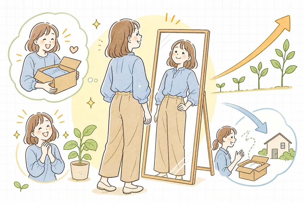 サイズ不安が消え、安心して服を購入し笑顔になる顧客の前向きな情景