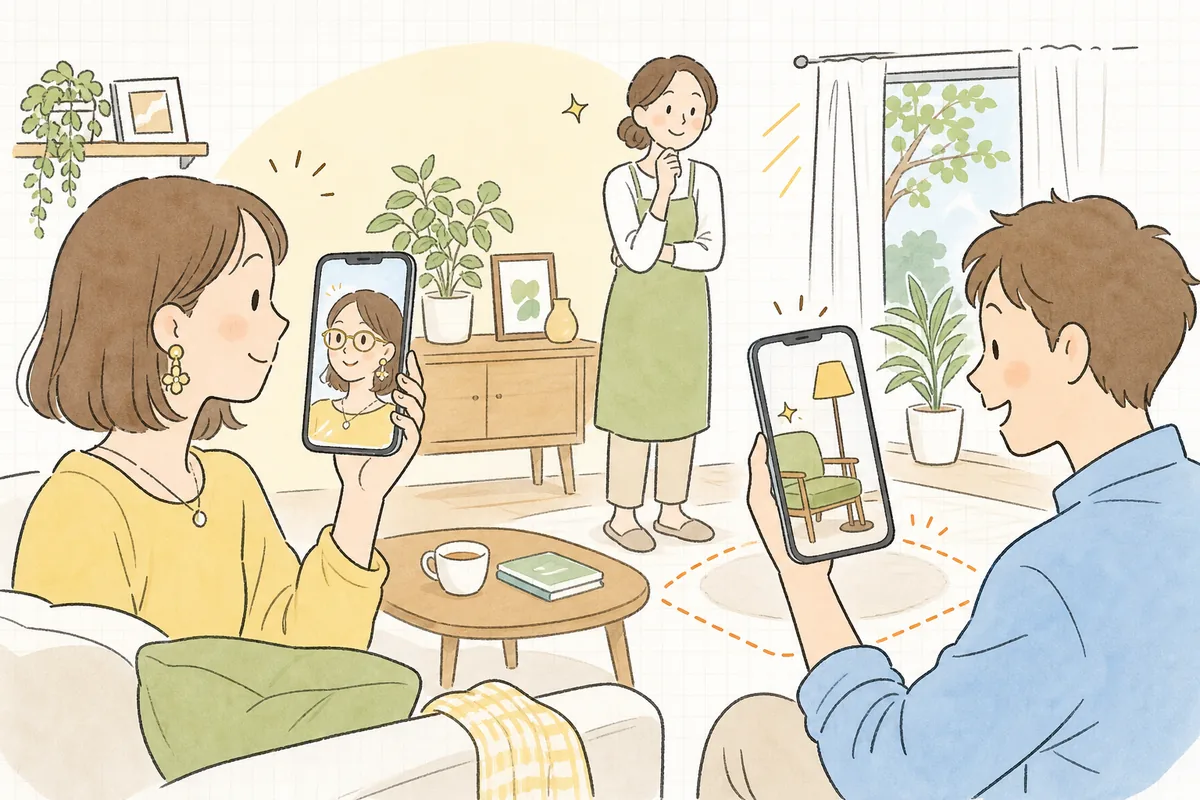 スマホをメガネや家具にかざして、画面の中で試着・お試し設置を確かめている買い物客と、その様子をやさしく見守るお店の担当者