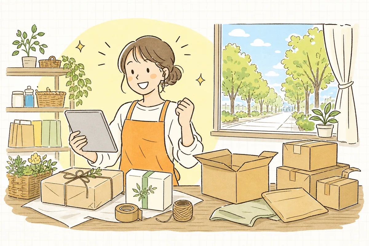 新しい販路で自分の商品が買われ、お客さんとお店の両方に小さな喜びが生まれている明るい情景