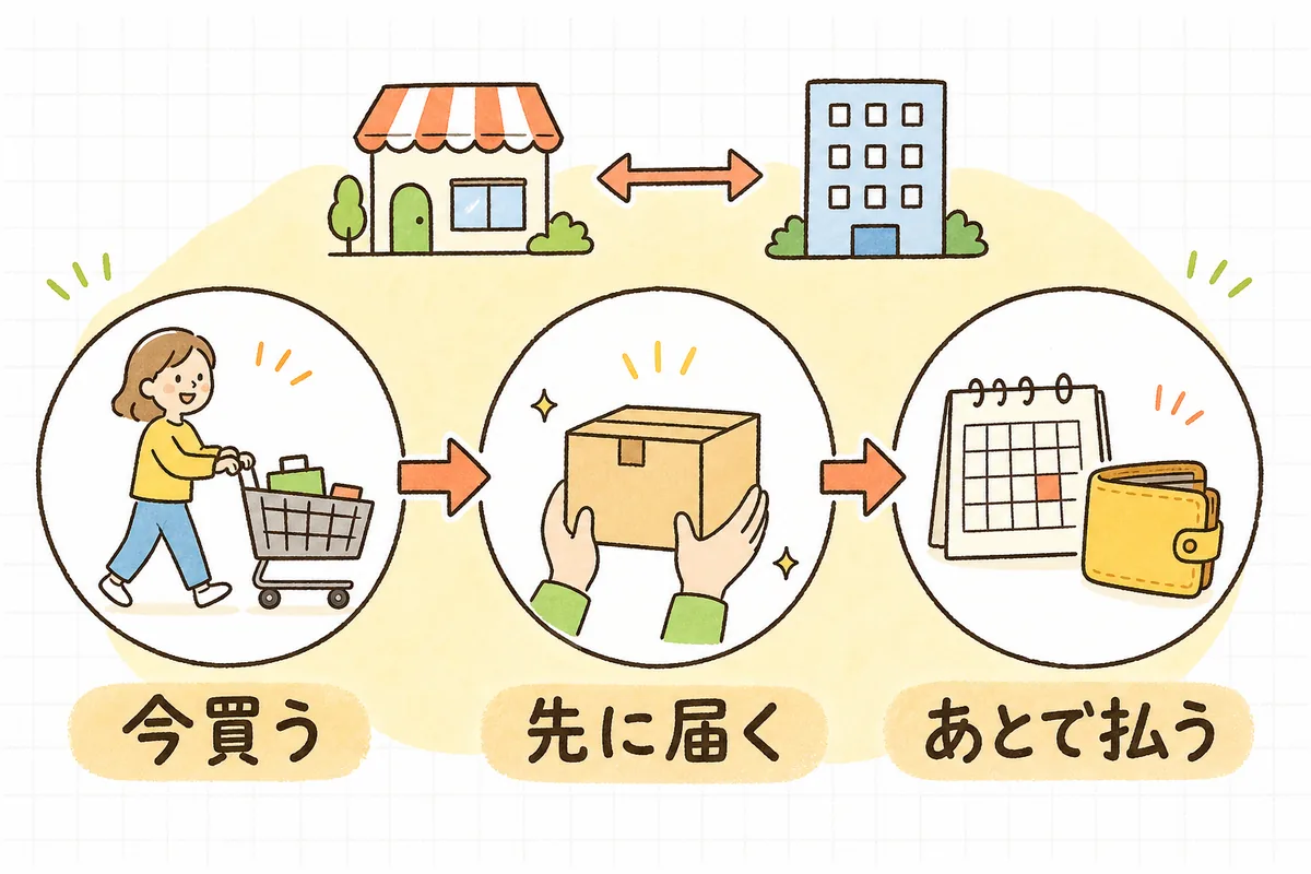 BNPLでお客さんが商品を先に受け取り、後日まとめて支払い、その間お店にはBNPL事業者から代金が立て替えて支払われる流れを、購入・受け取り・後日支払いの順で左から右に並べた図