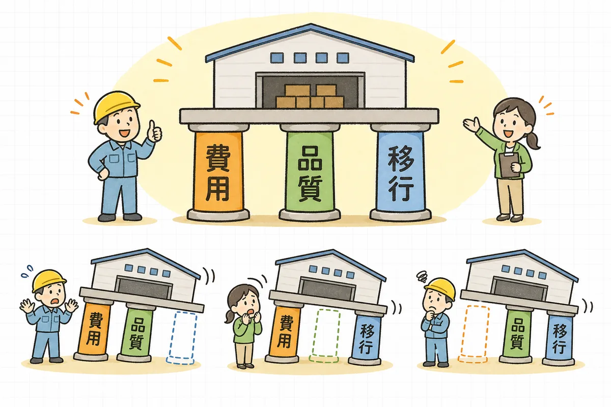 物流代行を費用・品質・切替リスクの3つの基準で見比べることを示す概念図
