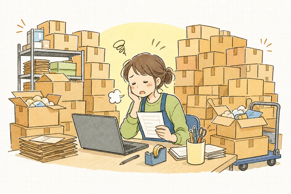 山積みの段ボールに囲まれて出荷作業に追われ、売る仕事に手が回らず立ち尽くすEC担当者の情景