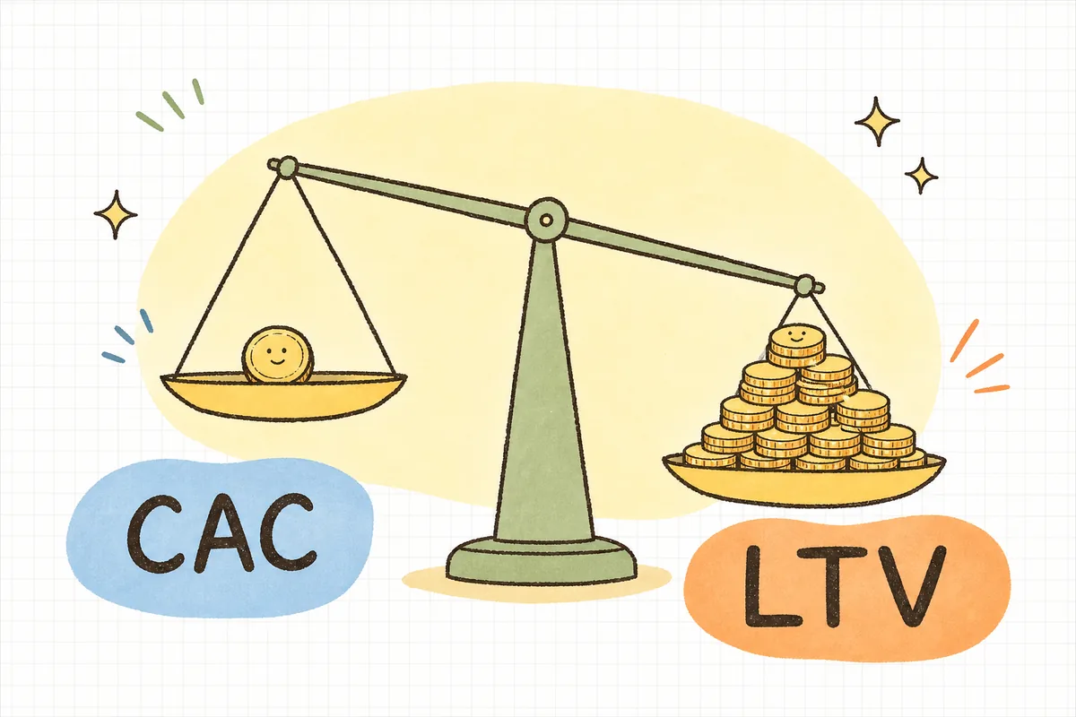 獲得コスト(CAC)と、そのお客さんが生涯にもたらす利益(LTV)を天秤にかけて、見合っているかを判断する図