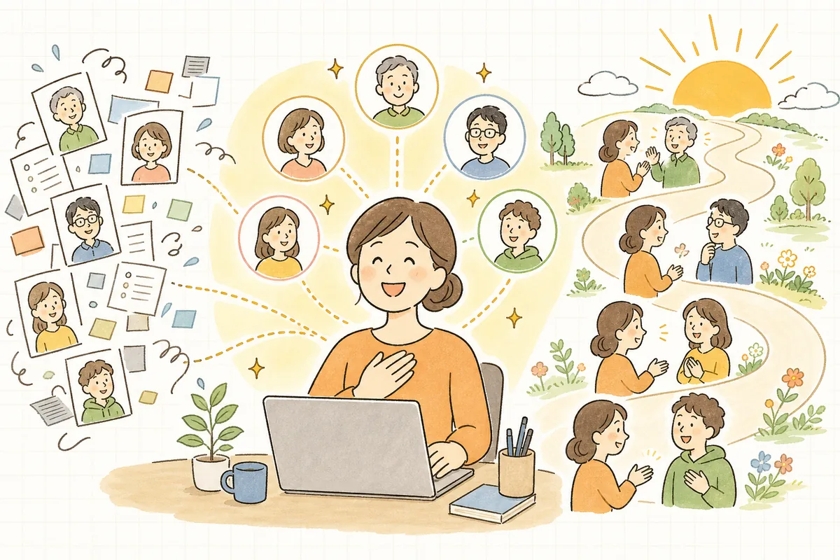 散らばっていた顧客情報が一人のお客さんとしてつながり、担当者が一人ひとりに合ったあたたかい対応ができるようになって、お店とお客さんの関係が穏やかに続いていく明るい情景