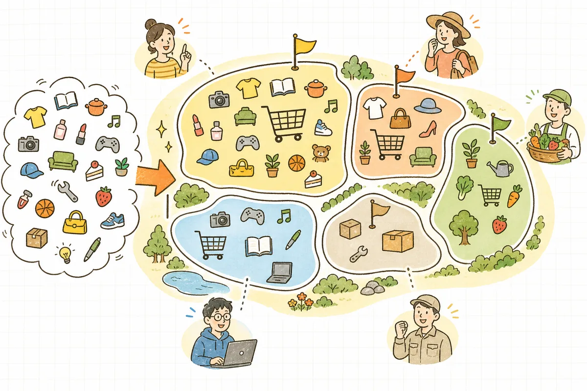 ECカートを5つのタイプに分類し、それぞれに向いた事業者を対応づけた地図状の概念図