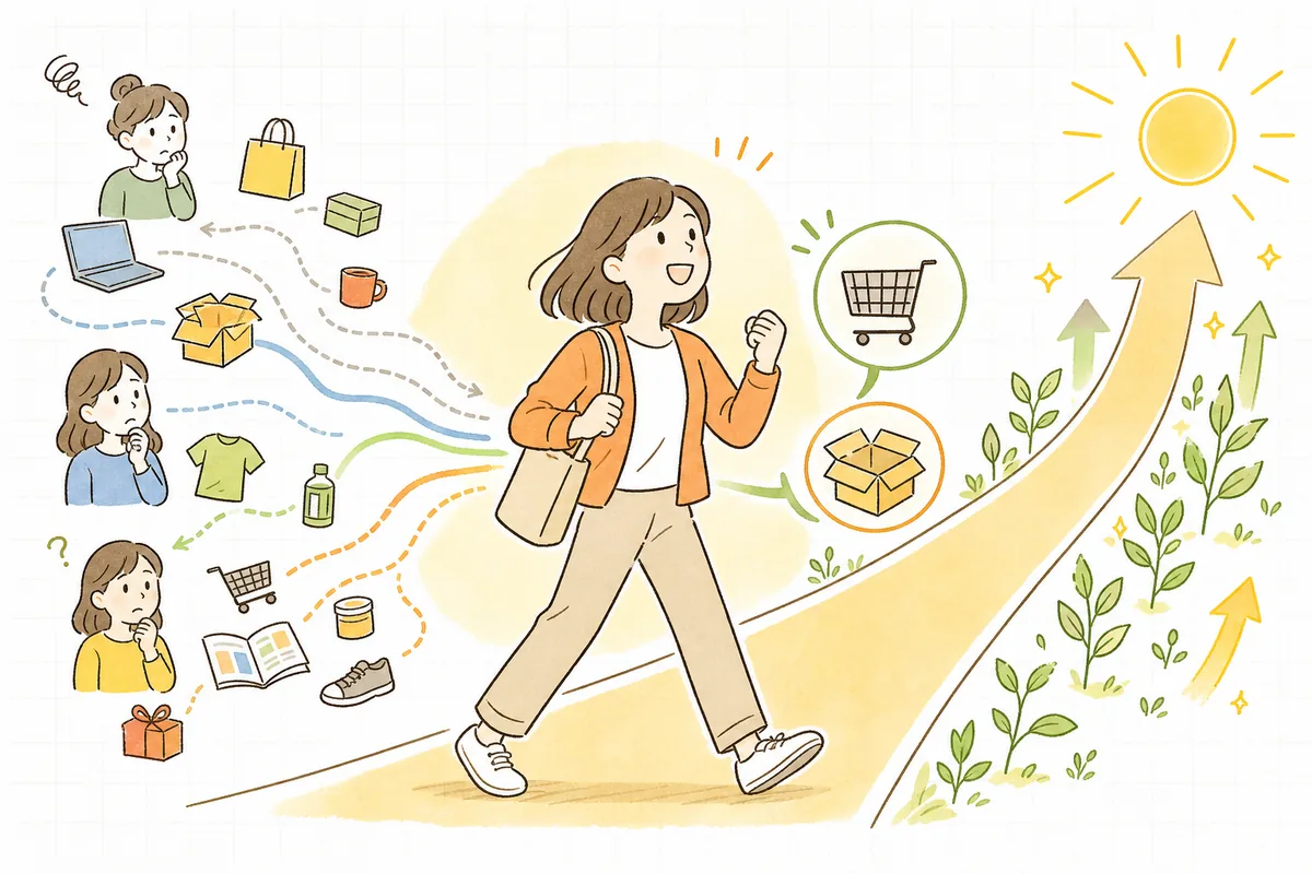 タイプを決めて候補を絞り込み、迷いが晴れて前進するEC担当者の情景