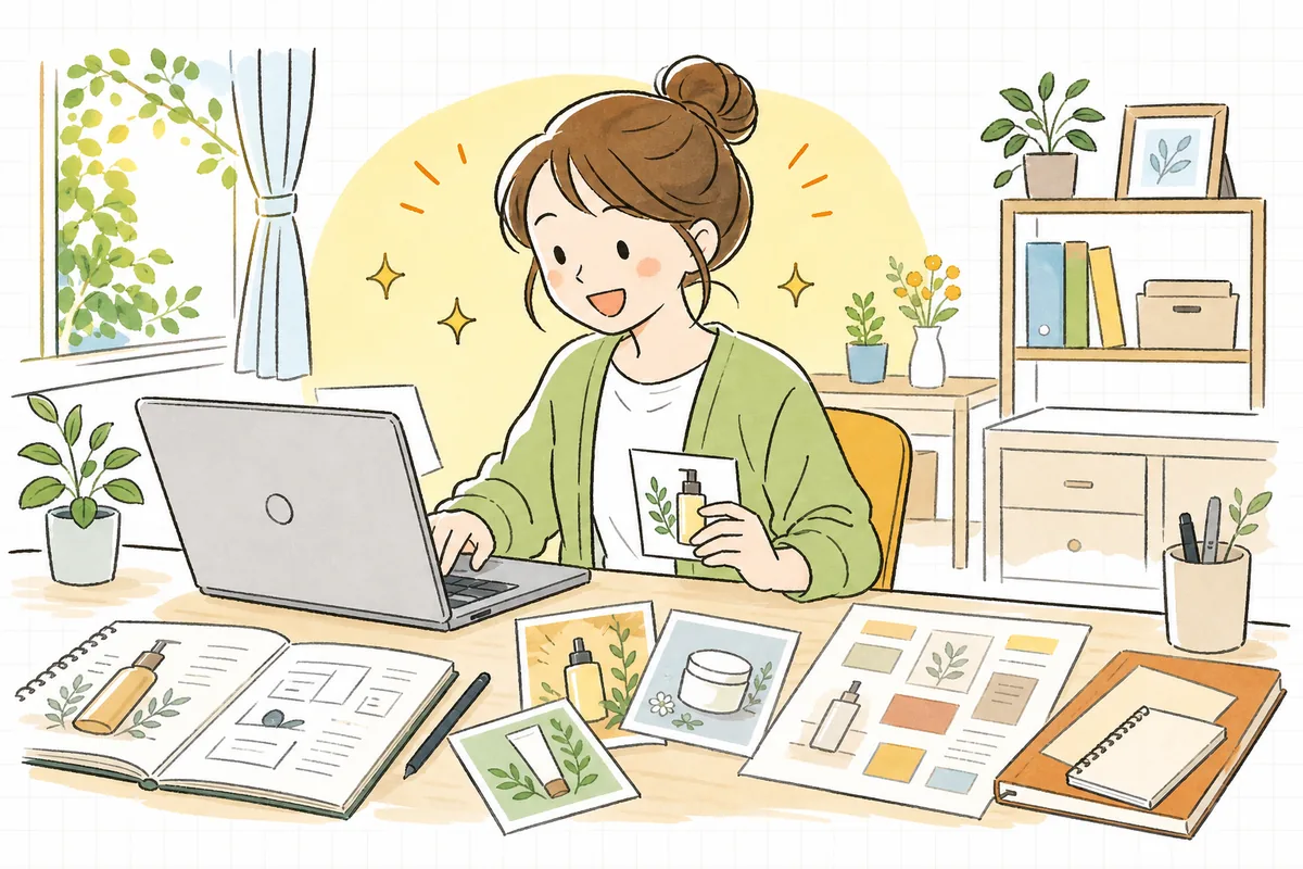 梱包作業から解放され、明るい窓辺のデスクで商品ページの改善に向き合う担当者