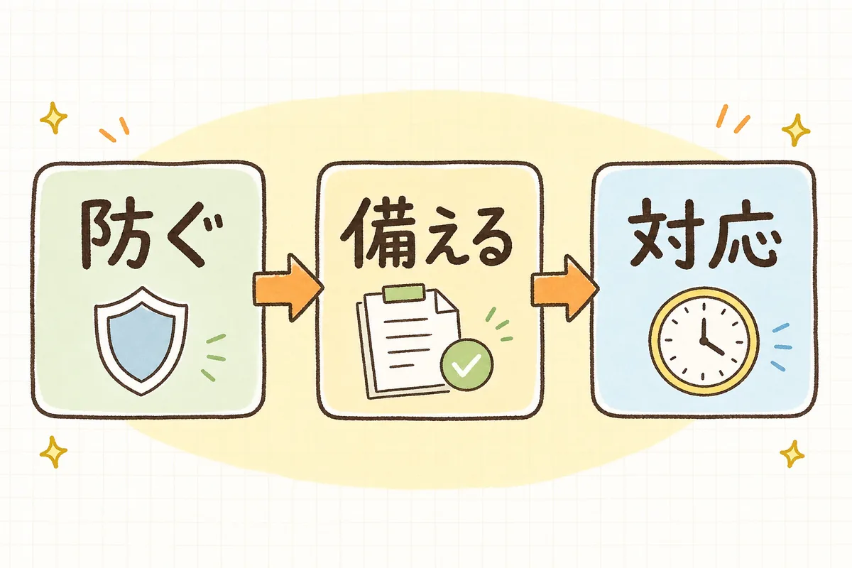 チャージバックへの向き合い方を「防ぐ」「備える」「対応する」の3つの箱で示した流れ図