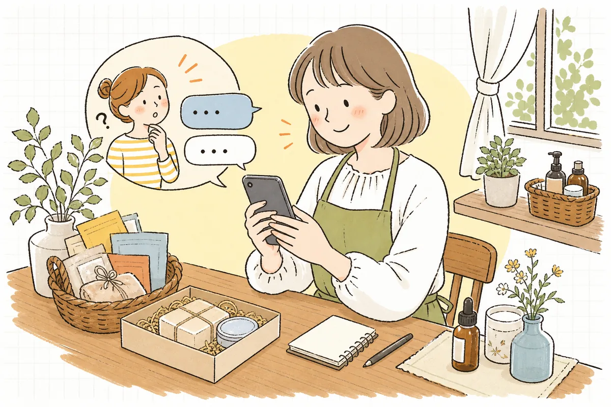 ネットショップの担当者が、スマートフォンのチャット画面を通してお客さんの相談にひとつずつ丁寧に答え、対面のお店のような温かい接客をしている情景
