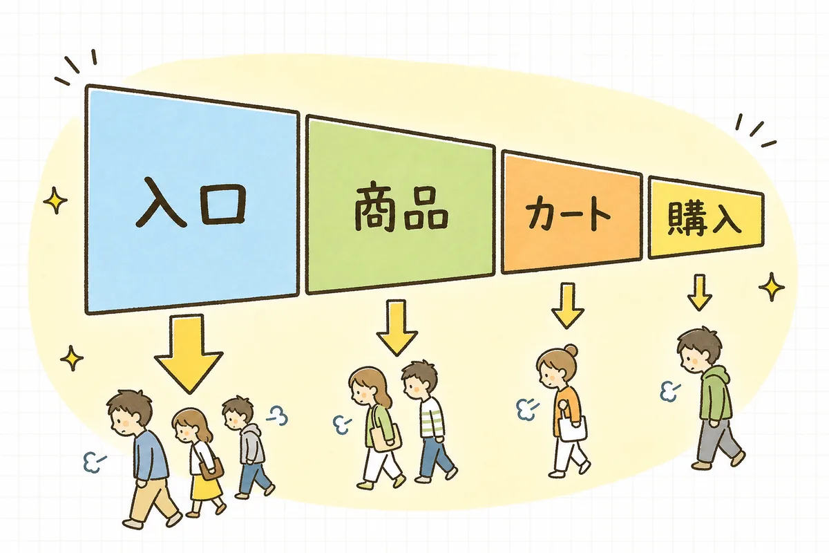 サイトに来た100人が、入口・商品ページ・カート・購入と進むうちに減っていき、入口で一番多く帰ってしまう様子を示した図
