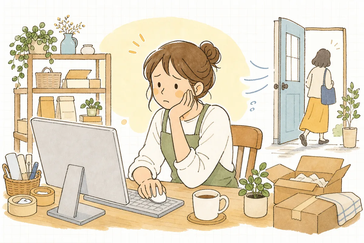 せっかく来てくれたお客さんが、商品ページを少し見ただけで帰ってしまう様子を前に考え込むEC担当者