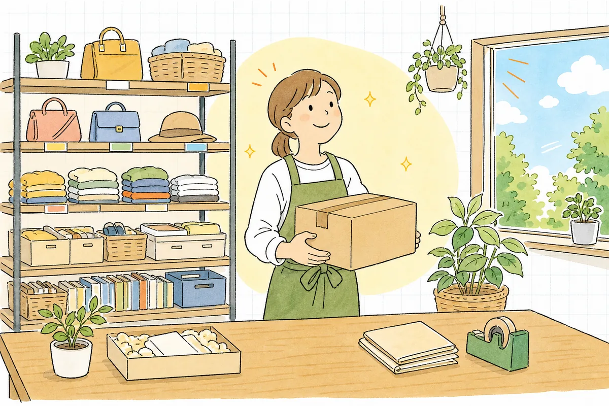 中古品が次のお客さんのもとへ気持ちよく旅立ち、手応えを感じて明るい表情のリユースショップ担当者